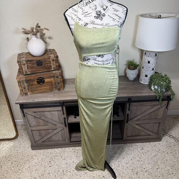 Hello Molly One Shoulder Cut Out Maxi Dress Sage Green Shimmery Sz 4 Ruched Slit - Picture 1 of 8